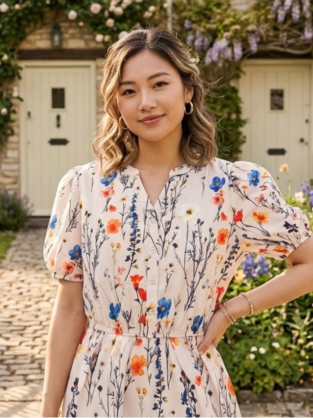 Floral Puff-Sleeve Blouse - Cream with Blue & Orange Print
